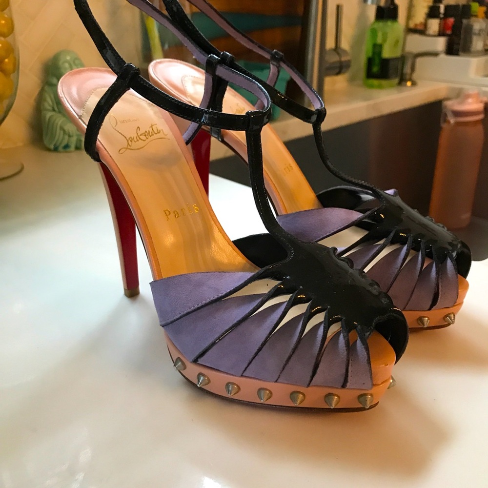 Christian Louboutin Black and Purple T-Strap Platform Heels with Red Soles